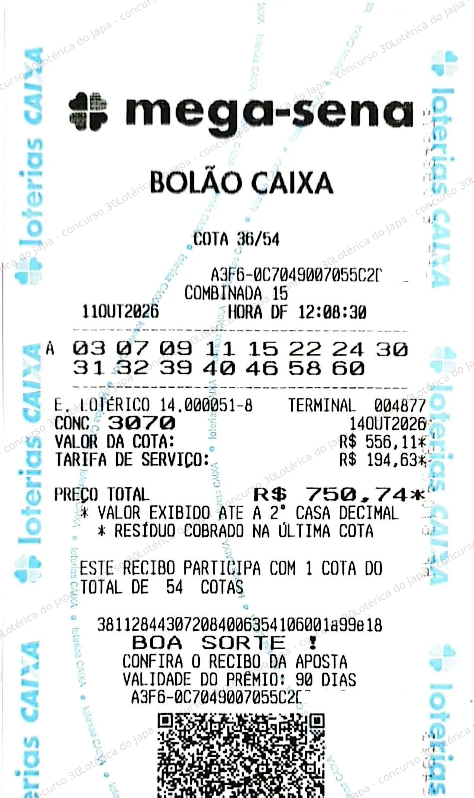 Comprovante da aposta registrado na Lotérica do Japa, com os dados de controle cobertos