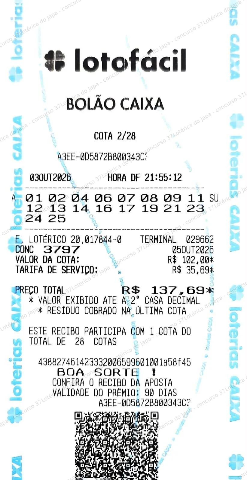 Comprovante da aposta registrado na Lotérica do Japa, com os dados de controle cobertos