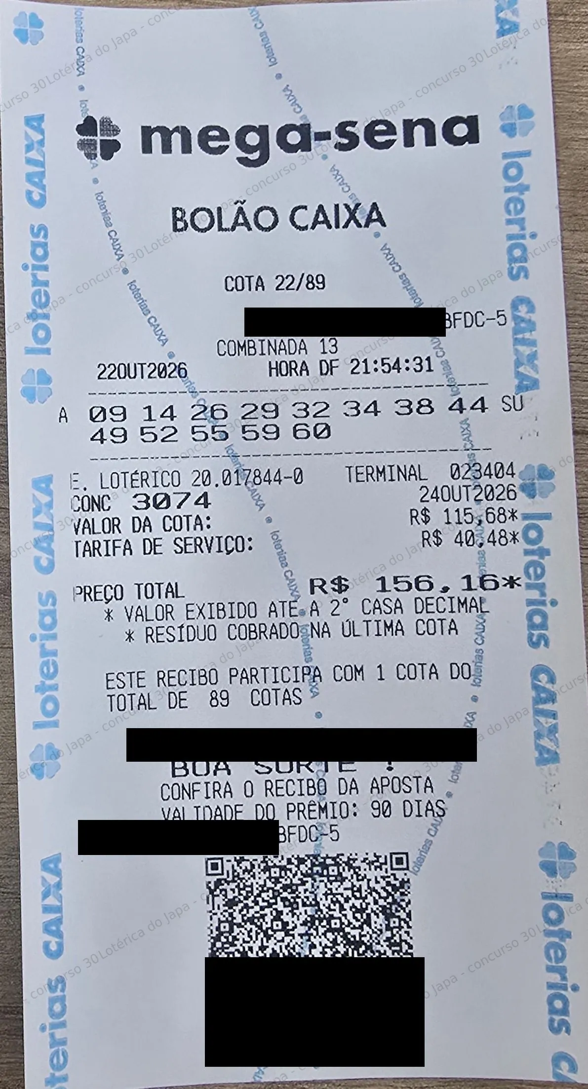 Comprovante da aposta registrado na Lotérica do Japa, com os dados de controle cobertos