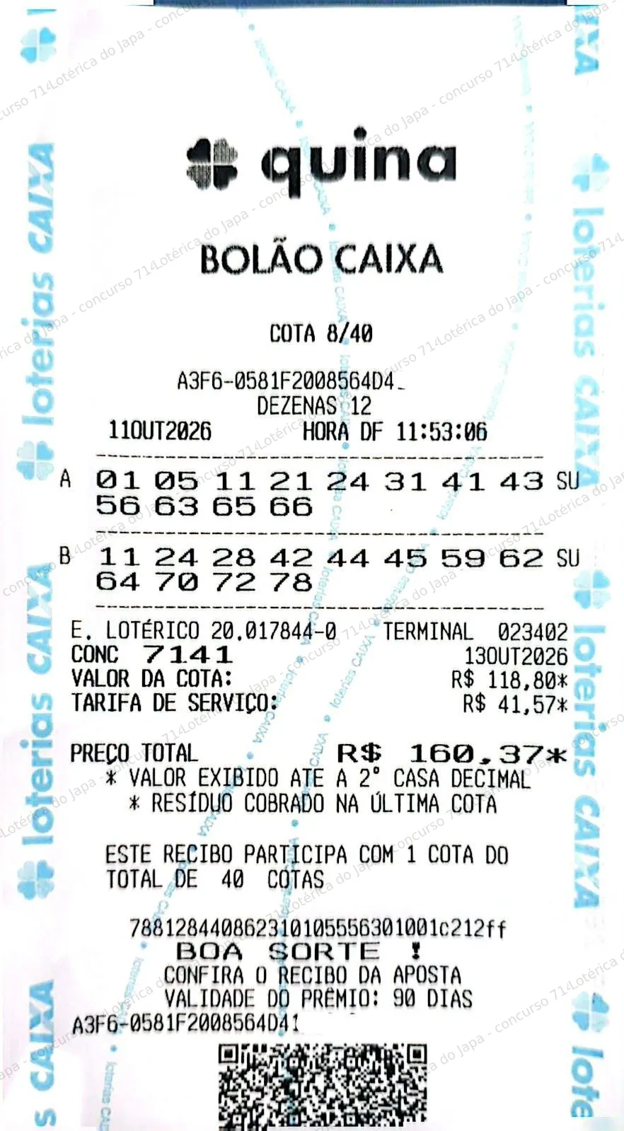 Comprovante da aposta registrado na Lotérica do Japa, com os dados de controle cobertos