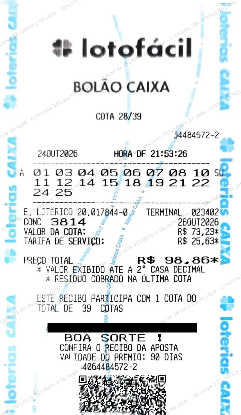 Comprovante da aposta registrado na Lotérica do Japa, com os dados de controle cobertos