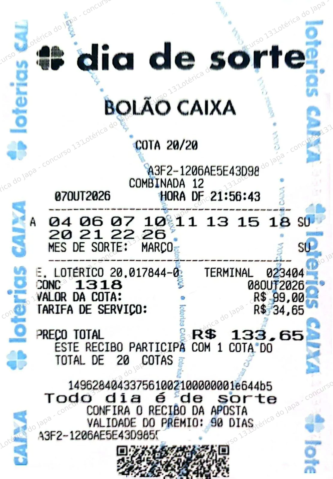 Comprovante da aposta registrado na Lotérica do Japa, com os dados de controle cobertos