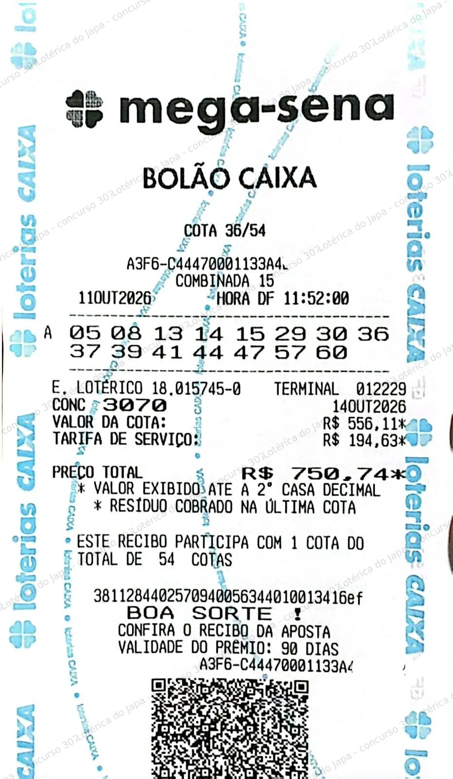 Comprovante da aposta registrado na Lotérica do Japa, com os dados de controle cobertos