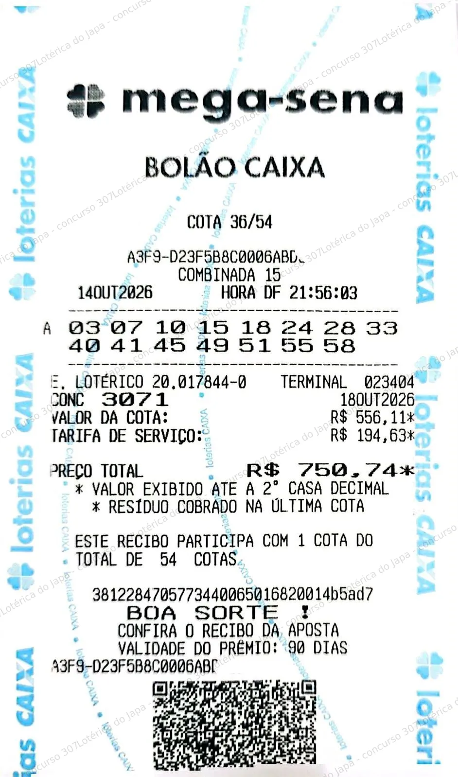 Comprovante da aposta registrado na Lotérica do Japa, com os dados de controle cobertos