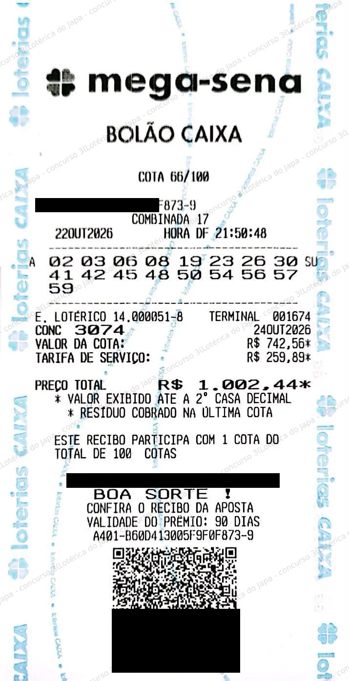 Comprovante da aposta registrado na Lotérica do Japa, com os dados de controle cobertos