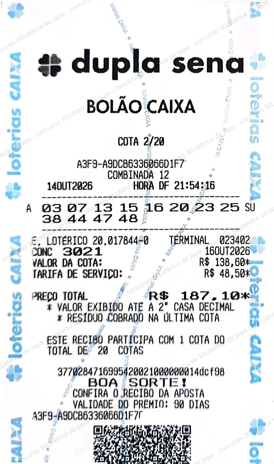 Comprovante da aposta registrado na Lotérica do Japa, com os dados de controle cobertos