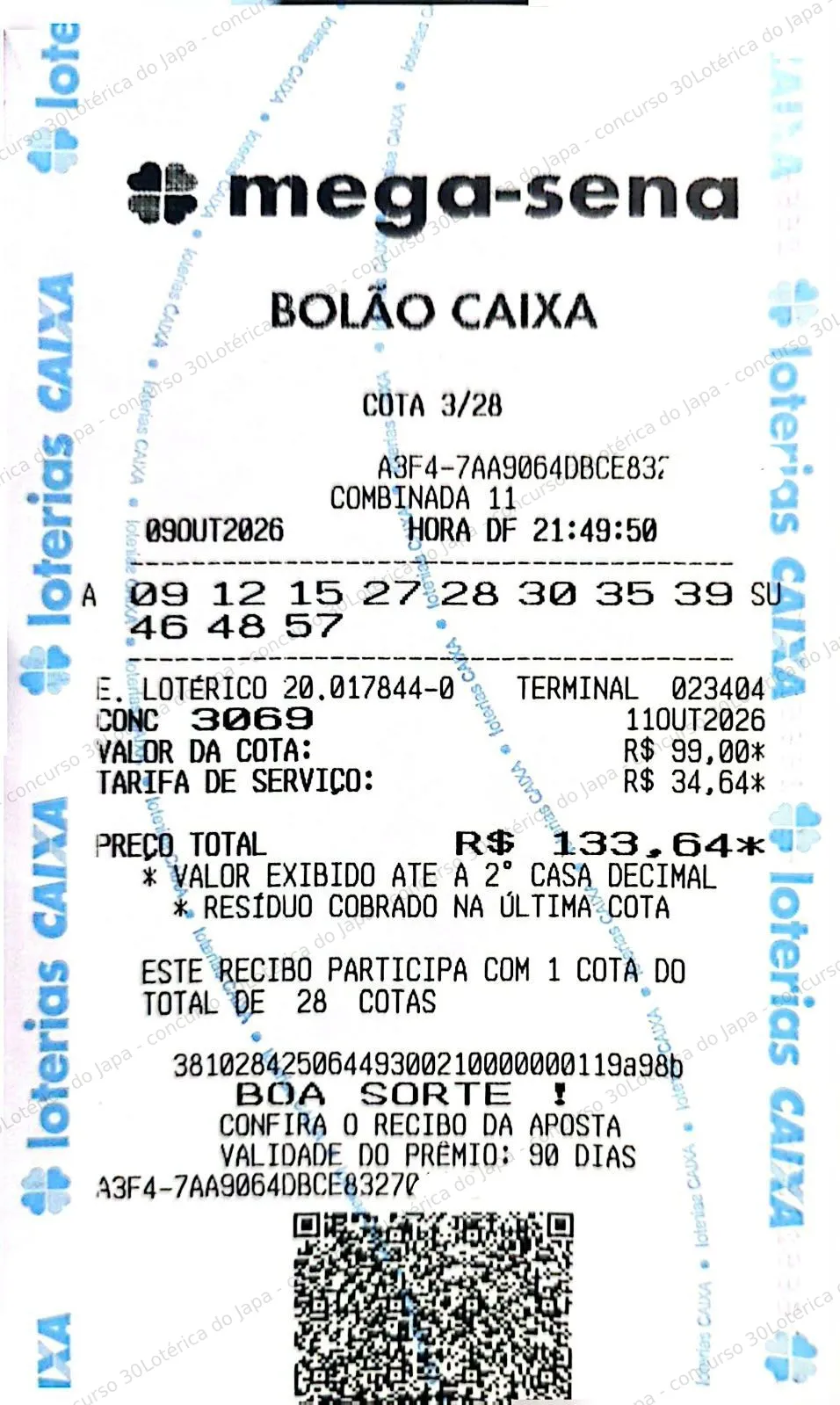 Comprovante da aposta registrado na Lotérica do Japa, com os dados de controle cobertos