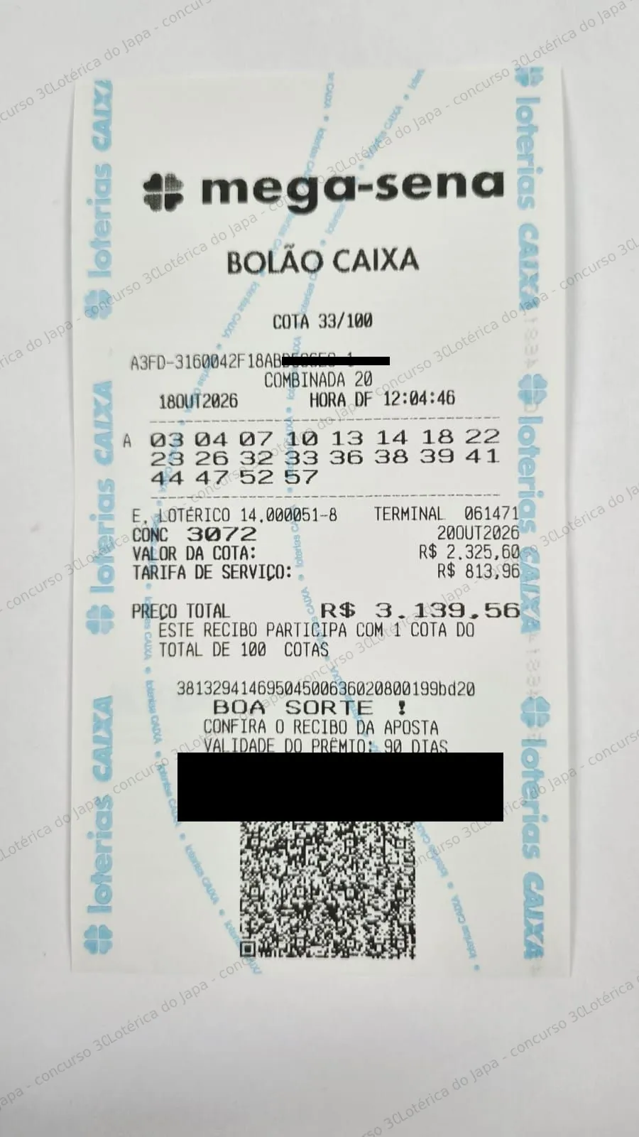 Comprovante da aposta registrado na Lotérica do Japa, com os dados de controle cobertos