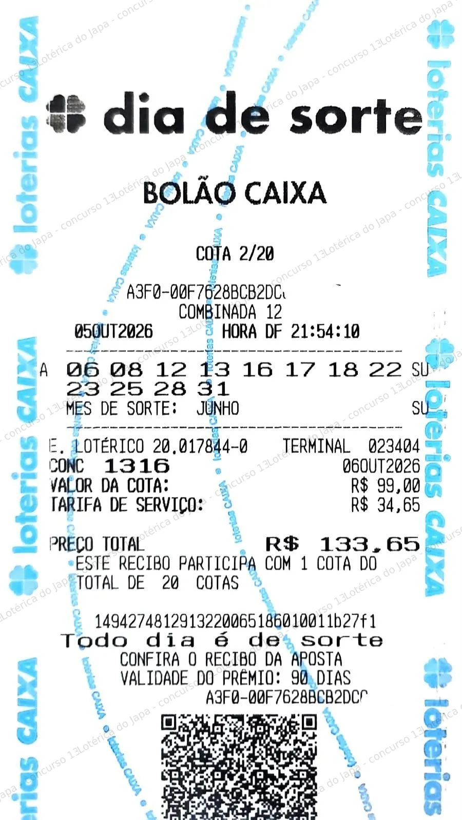 Comprovante da aposta registrado na Lotérica do Japa, com os dados de controle cobertos