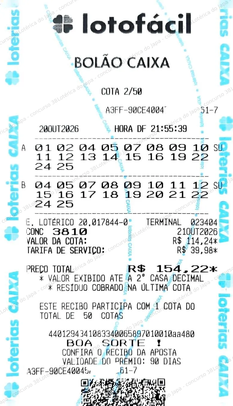 Comprovante da aposta registrado na Lotérica do Japa, com os dados de controle cobertos