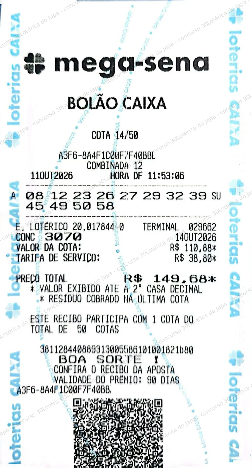 Comprovante da aposta registrado na Lotérica do Japa, com os dados de controle cobertos