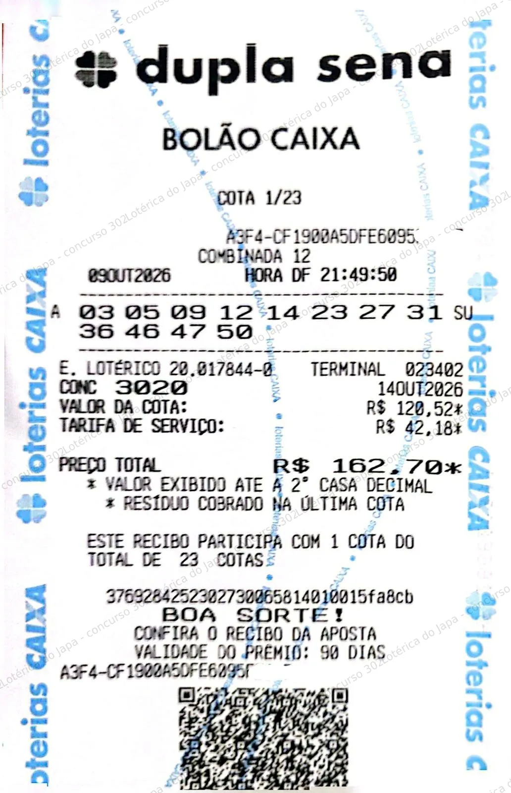 Comprovante da aposta registrado na Lotérica do Japa, com os dados de controle cobertos