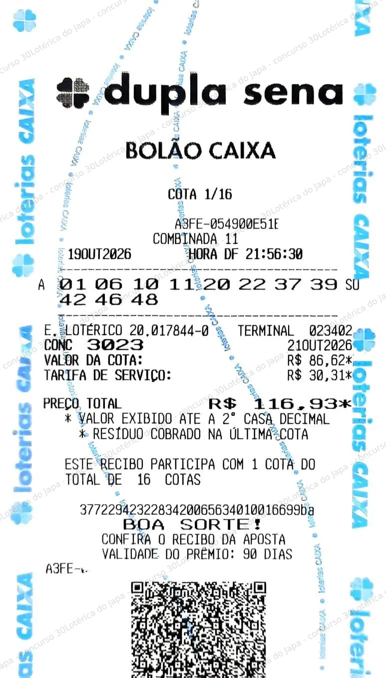 Comprovante da aposta registrado na Lotérica do Japa, com os dados de controle cobertos