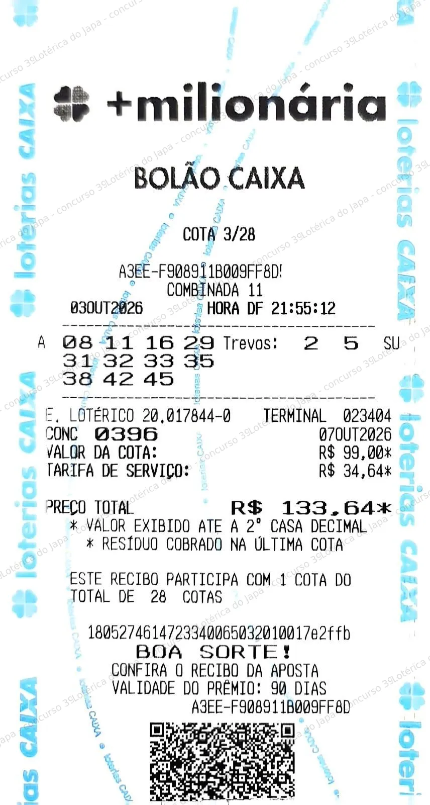 Comprovante da aposta registrado na Lotérica do Japa, com os dados de controle cobertos