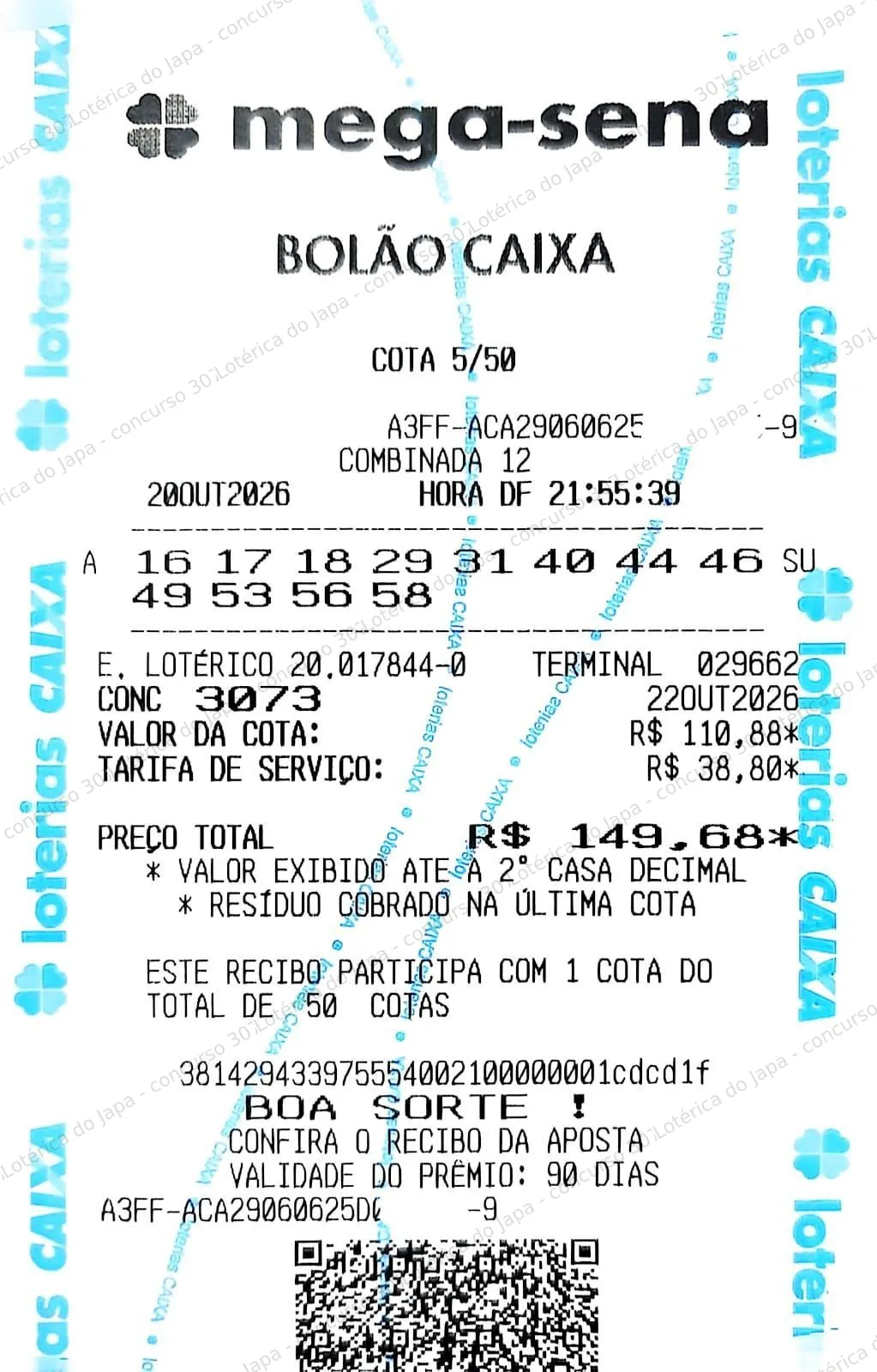 Comprovante da aposta registrado na Lotérica do Japa, com os dados de controle cobertos