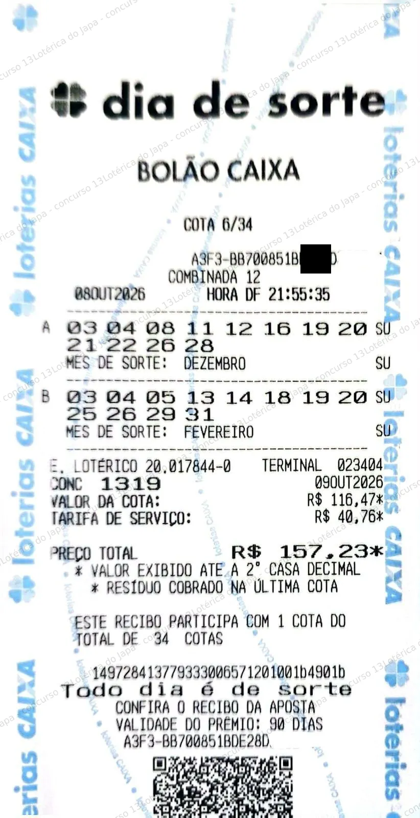 Comprovante da aposta registrado na Lotérica do Japa, com os dados de controle cobertos