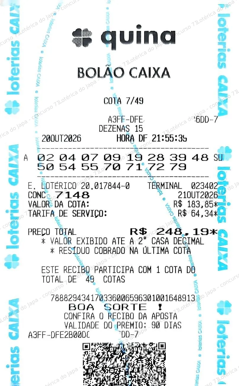 Comprovante da aposta registrado na Lotérica do Japa, com os dados de controle cobertos
