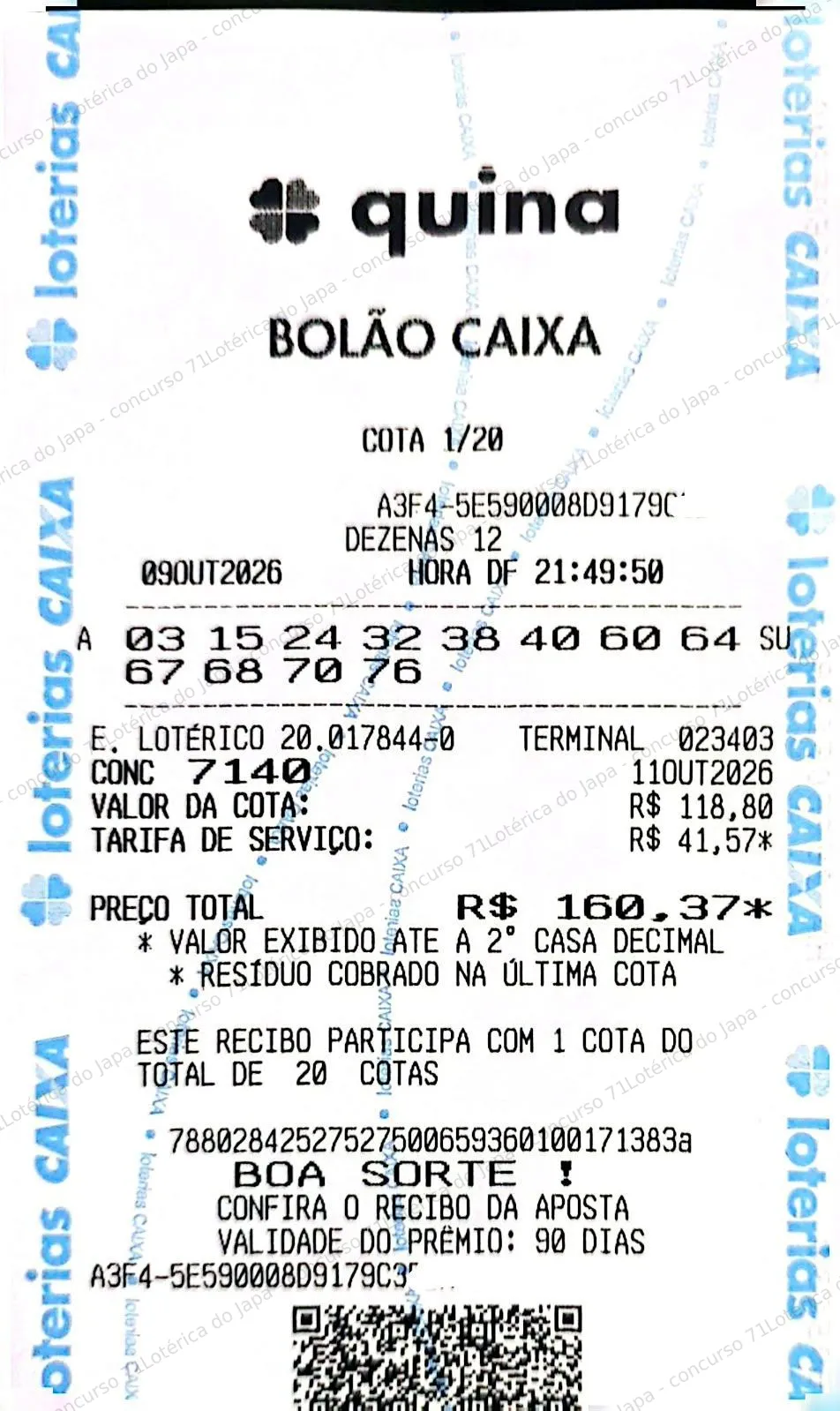 Comprovante da aposta registrado na Lotérica do Japa, com os dados de controle cobertos