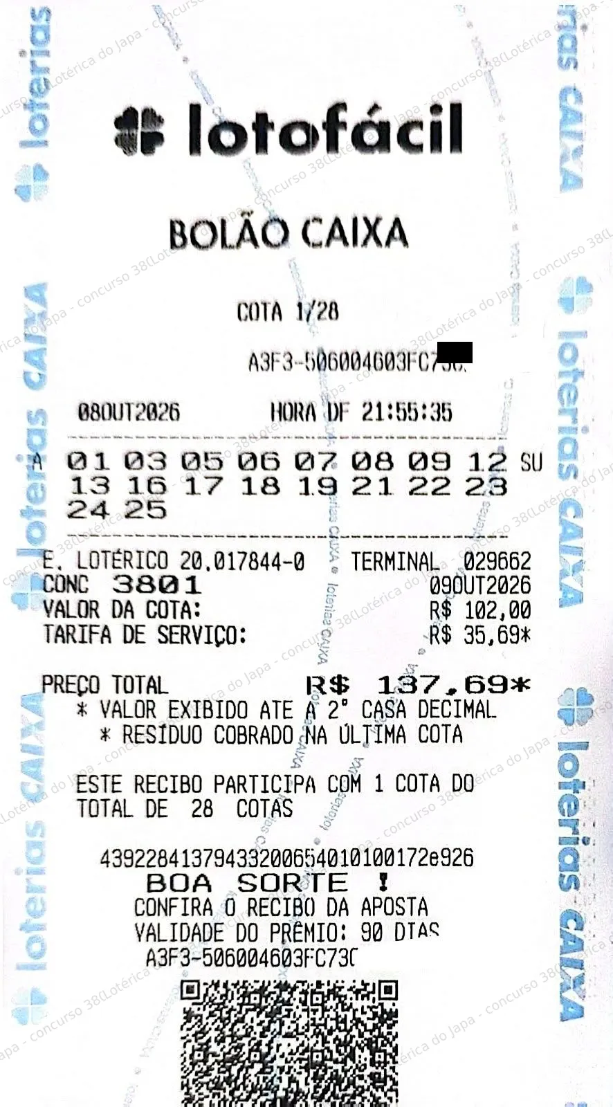 Comprovante da aposta registrado na Lotérica do Japa, com os dados de controle cobertos