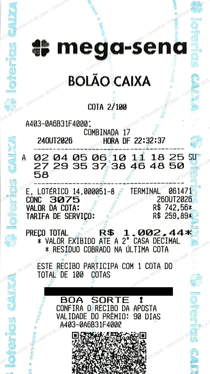 Comprovante da aposta registrado na Lotérica do Japa, com os dados de controle cobertos