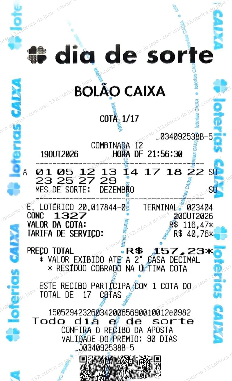 Comprovante da aposta registrado na Lotérica do Japa, com os dados de controle cobertos