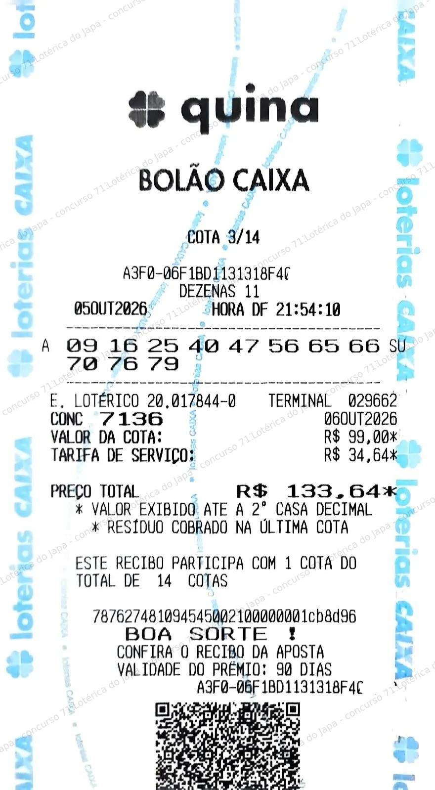 Comprovante da aposta registrado na Lotérica do Japa, com os dados de controle cobertos