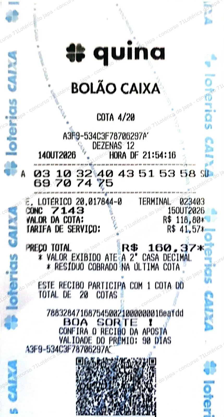 Comprovante da aposta registrado na Lotérica do Japa, com os dados de controle cobertos