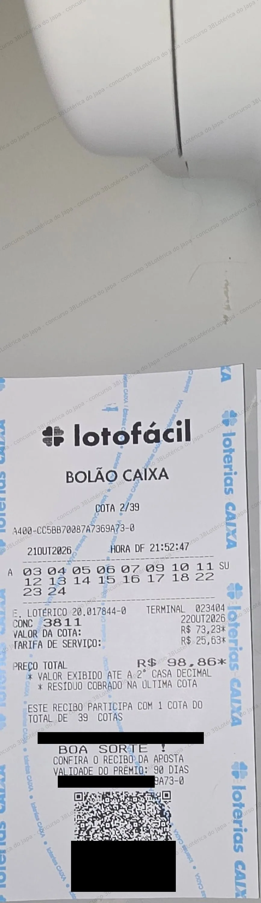 Comprovante da aposta registrado na Lotérica do Japa, com os dados de controle cobertos