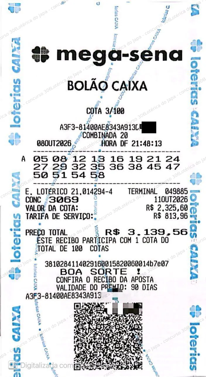 Comprovante da aposta registrado na Lotérica do Japa, com os dados de controle cobertos