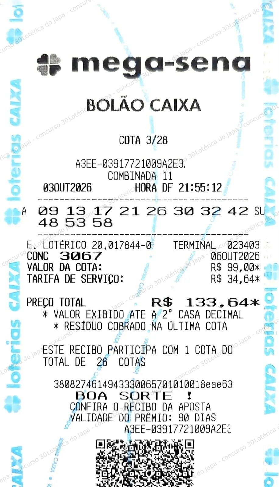 Comprovante da aposta registrado na Lotérica do Japa, com os dados de controle cobertos