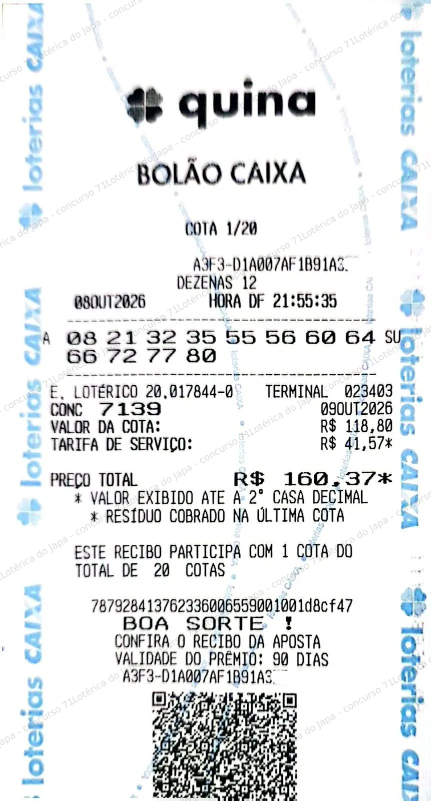 Comprovante da aposta registrado na Lotérica do Japa, com os dados de controle cobertos