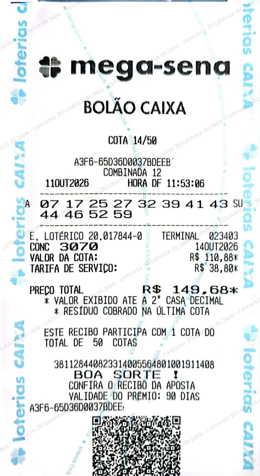 Comprovante da aposta registrado na Lotérica do Japa, com os dados de controle cobertos