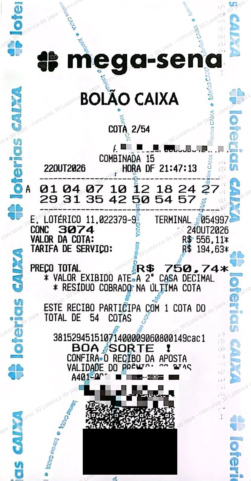 Comprovante da aposta registrado na Lotérica do Japa, com os dados de controle cobertos