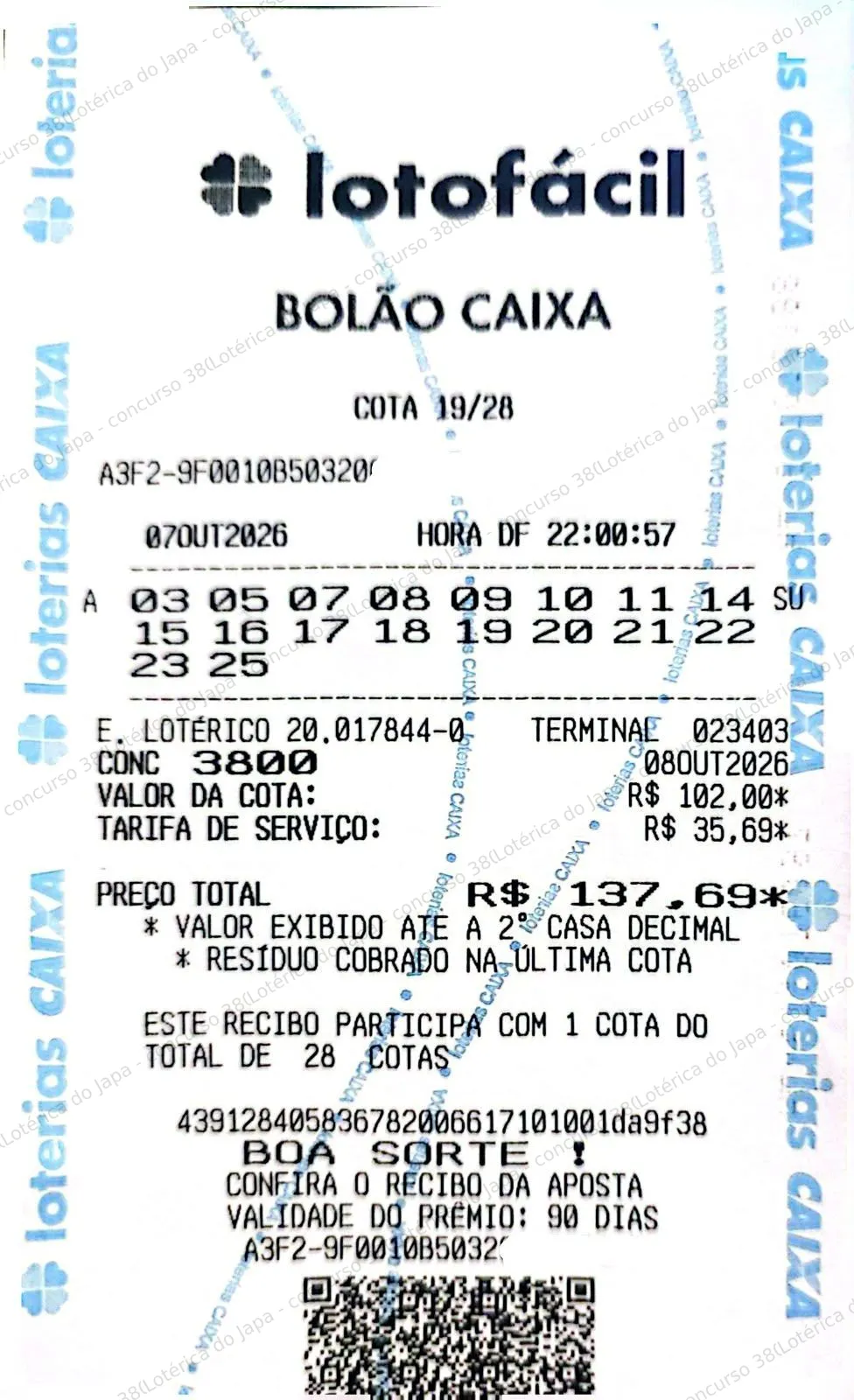 Comprovante da aposta registrado na Lotérica do Japa, com os dados de controle cobertos