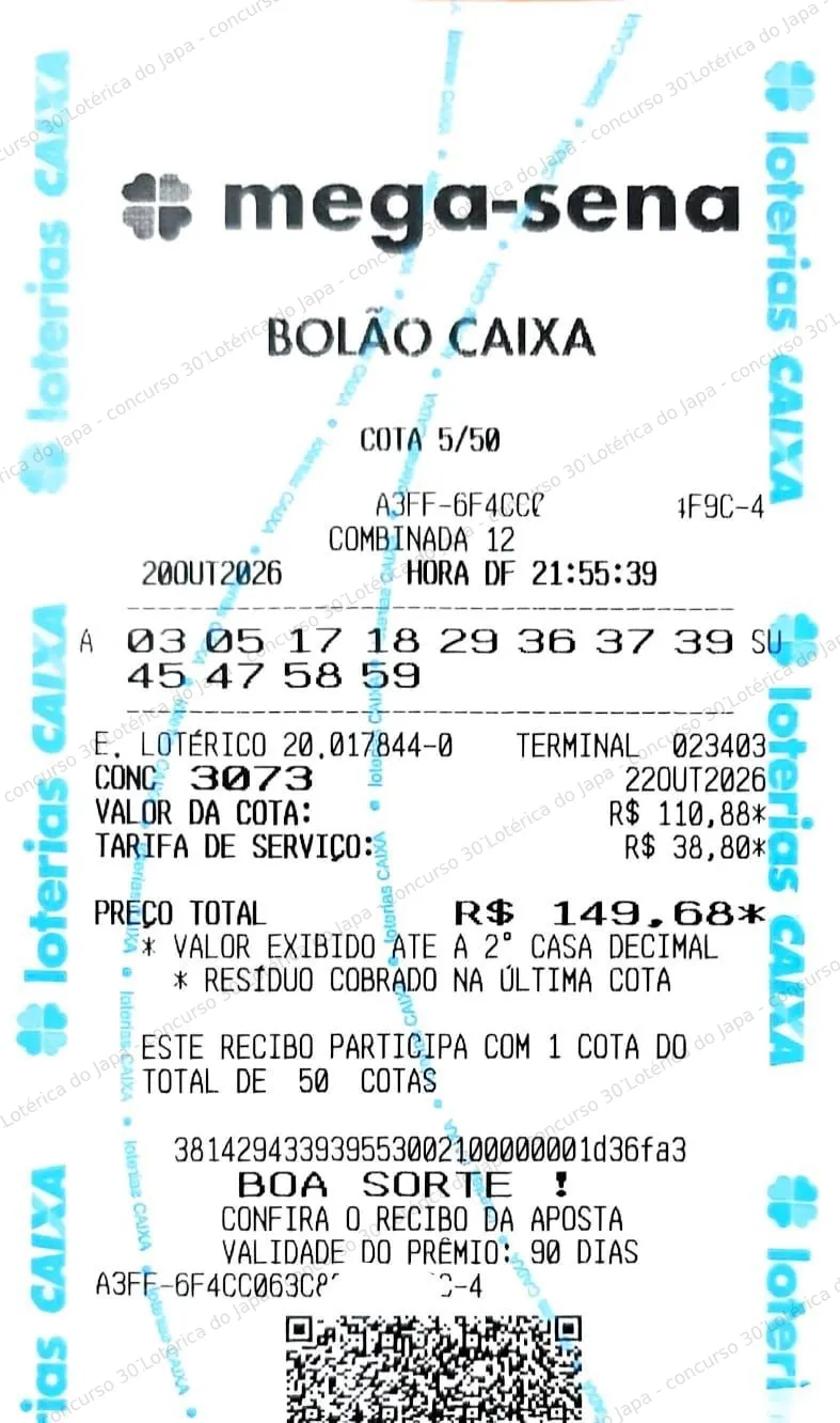 Comprovante da aposta registrado na Lotérica do Japa, com os dados de controle cobertos