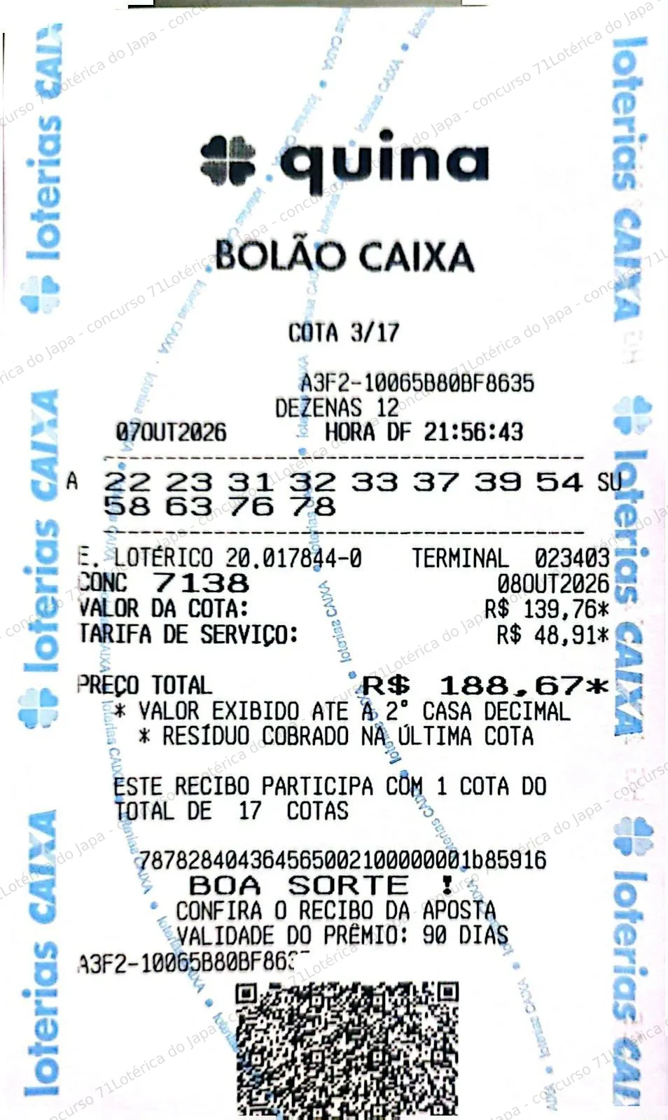 Comprovante da aposta registrado na Lotérica do Japa, com os dados de controle cobertos