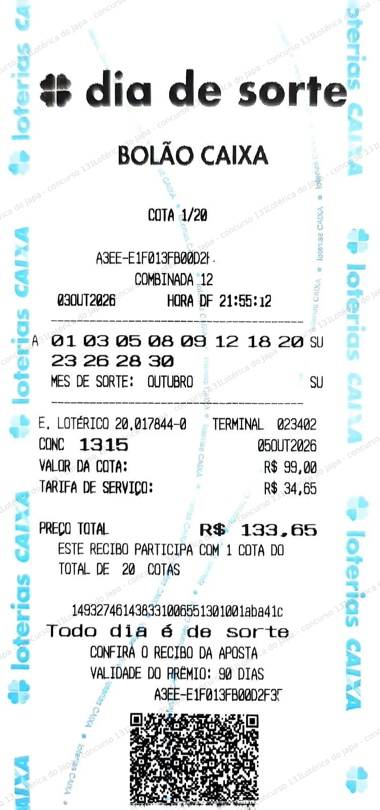 Comprovante da aposta registrado na Lotérica do Japa, com os dados de controle cobertos