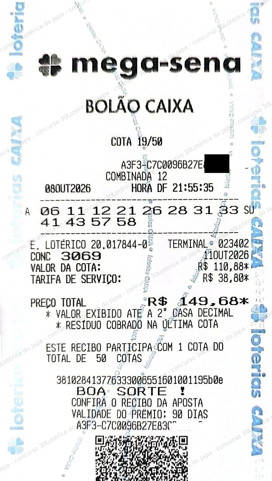 Comprovante da aposta registrado na Lotérica do Japa, com os dados de controle cobertos