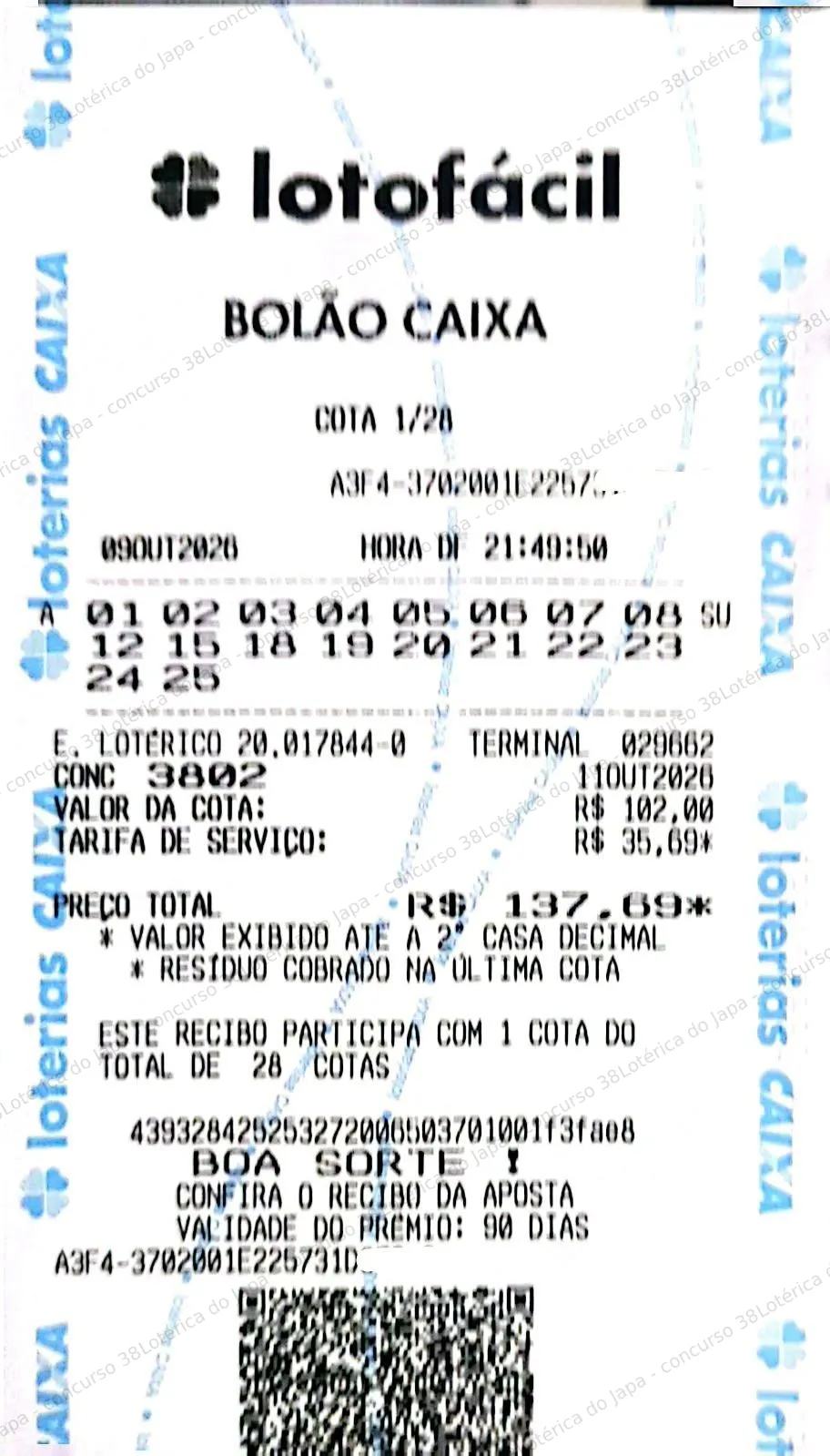 Comprovante da aposta registrado na Lotérica do Japa, com os dados de controle cobertos