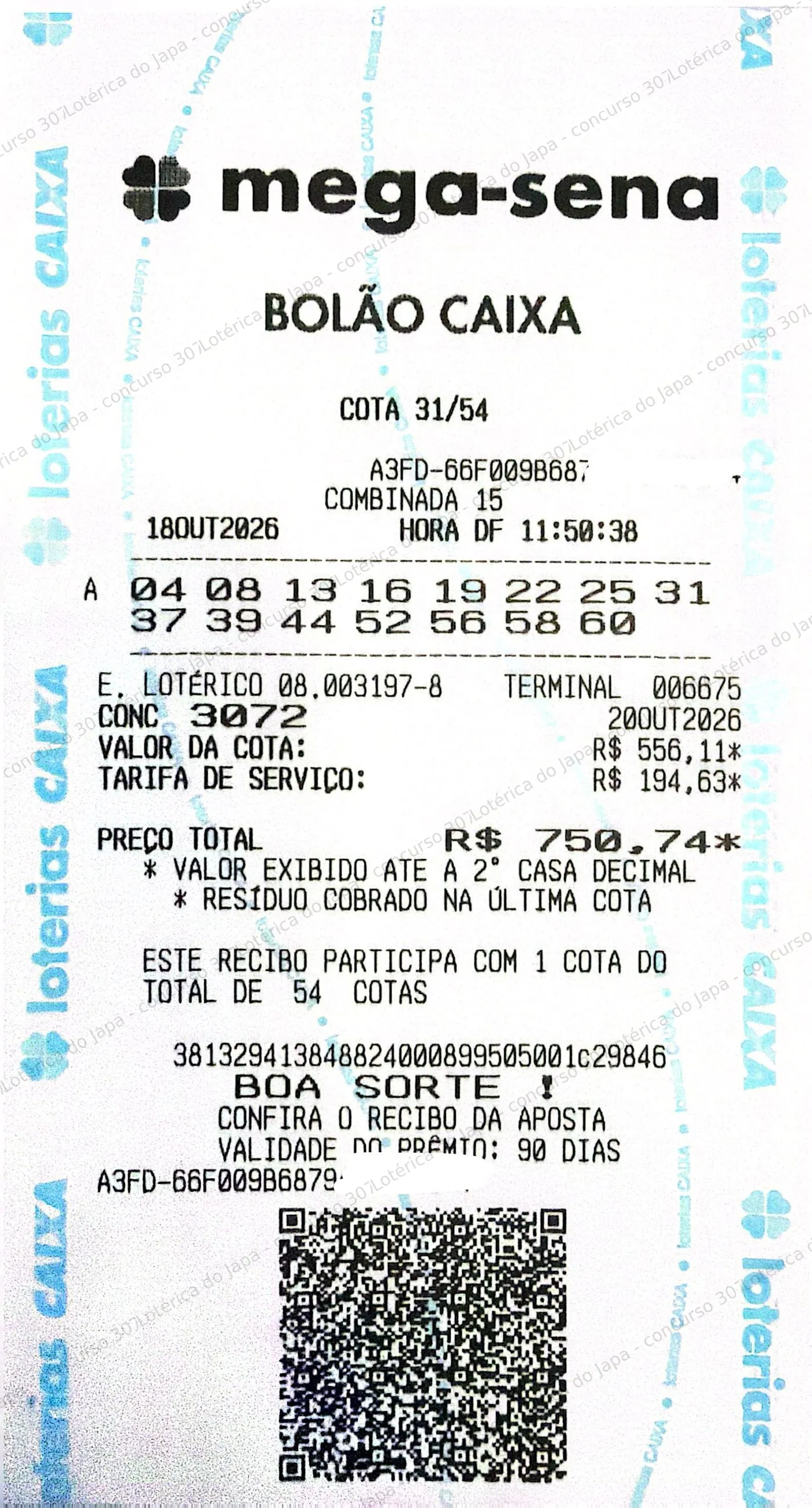 Comprovante da aposta registrado na Lotérica do Japa, com os dados de controle cobertos