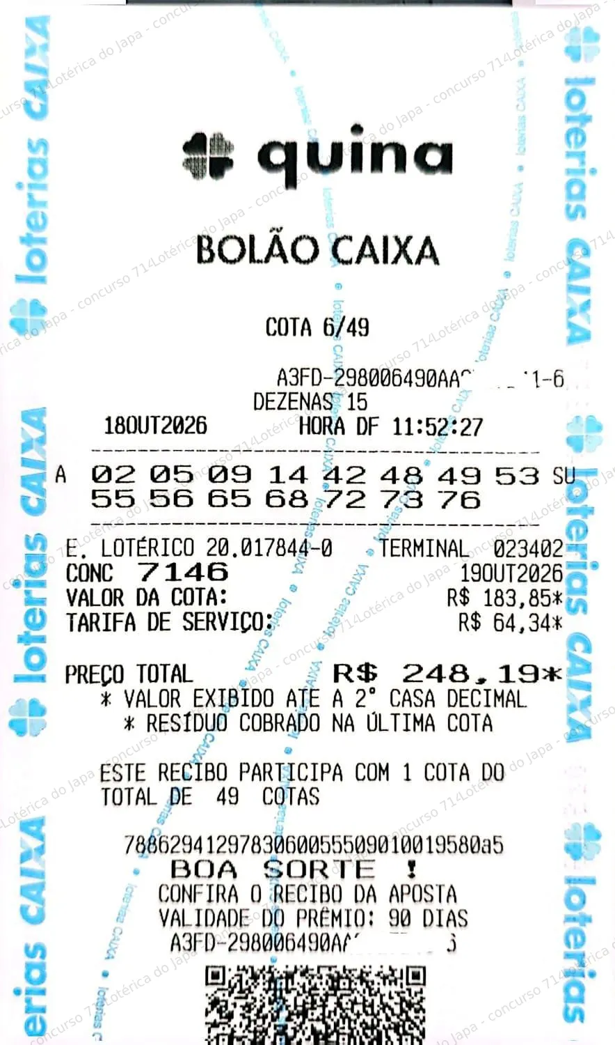 Comprovante da aposta registrado na Lotérica do Japa, com os dados de controle cobertos