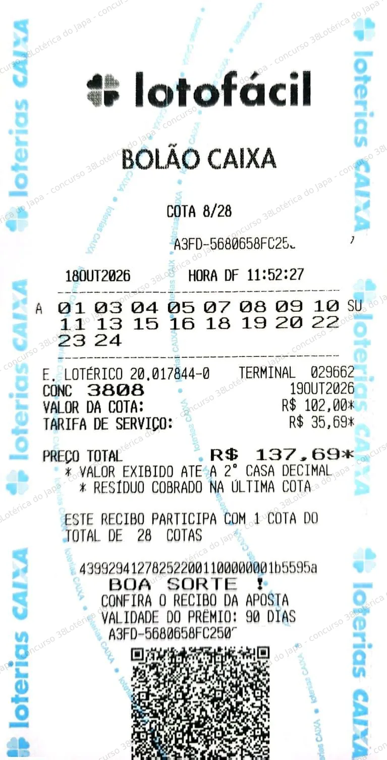 Comprovante da aposta registrado na Lotérica do Japa, com os dados de controle cobertos