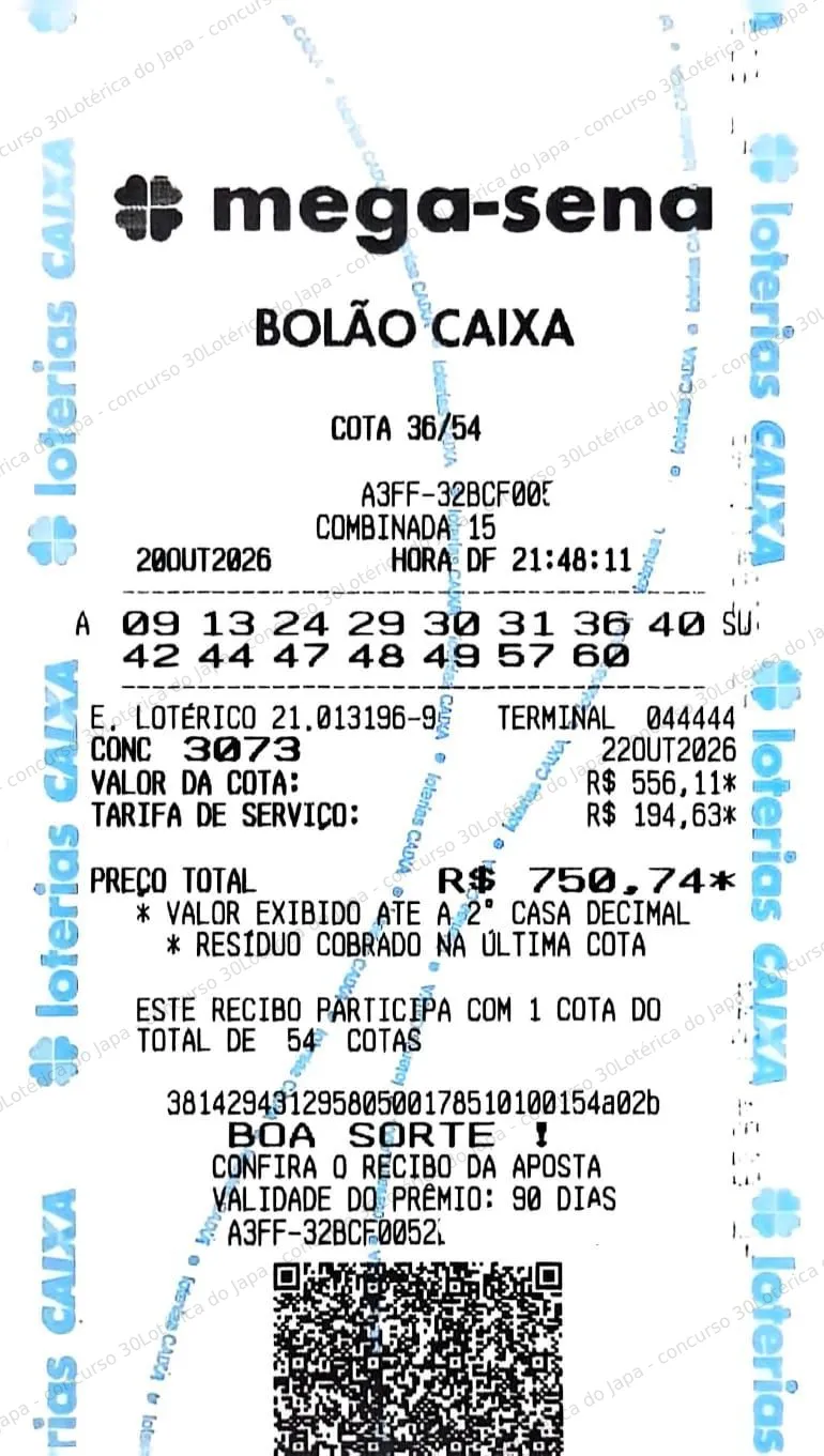 Comprovante da aposta registrado na Lotérica do Japa, com os dados de controle cobertos