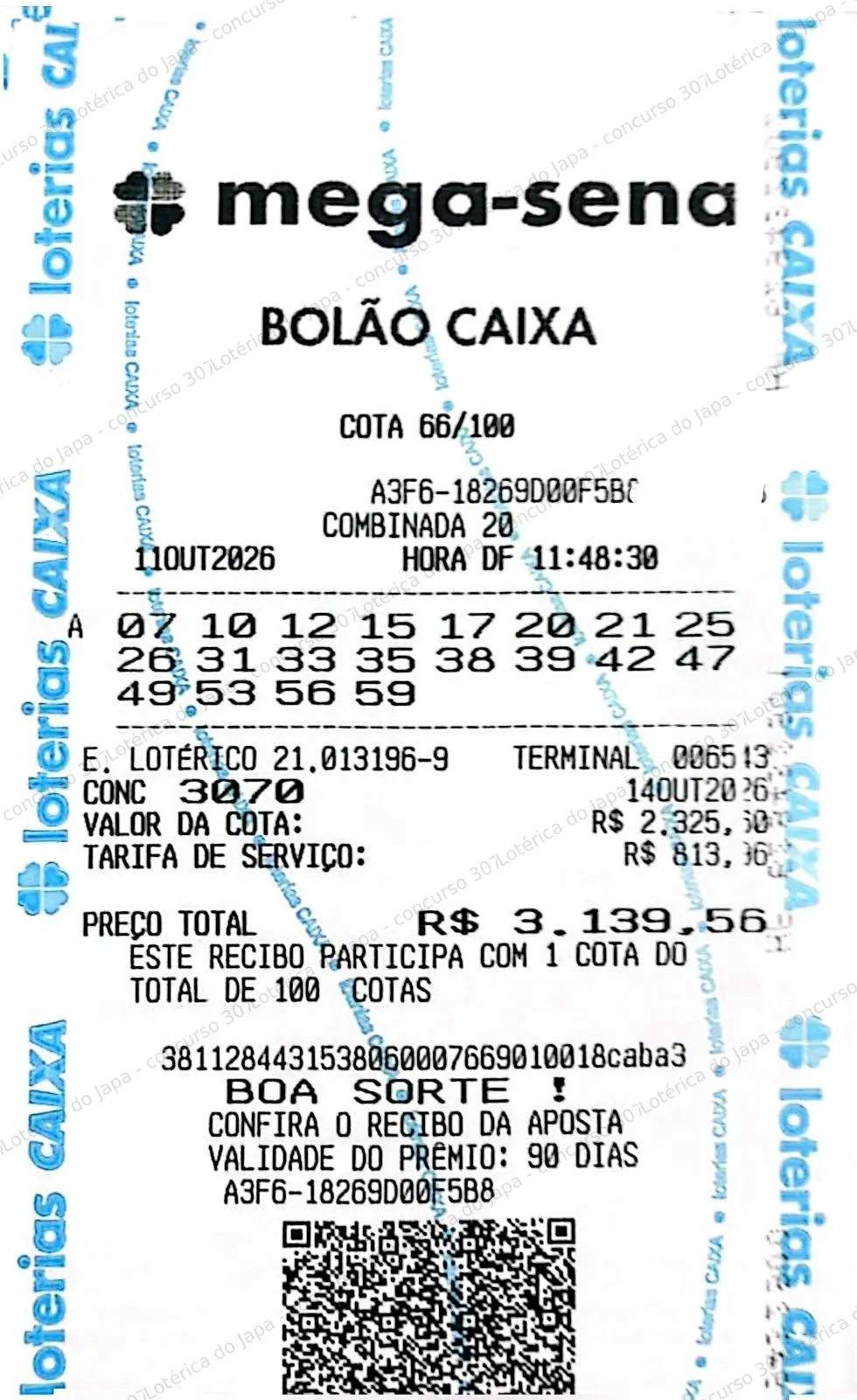 Comprovante da aposta registrado na Lotérica do Japa, com os dados de controle cobertos