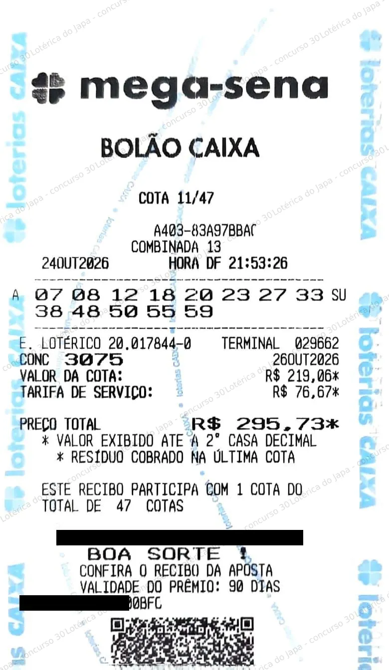 Comprovante da aposta registrado na Lotérica do Japa, com os dados de controle cobertos