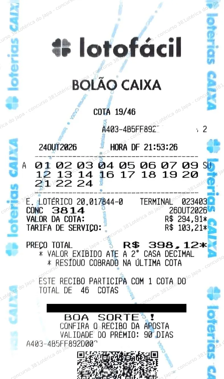 Comprovante da aposta registrado na Lotérica do Japa, com os dados de controle cobertos