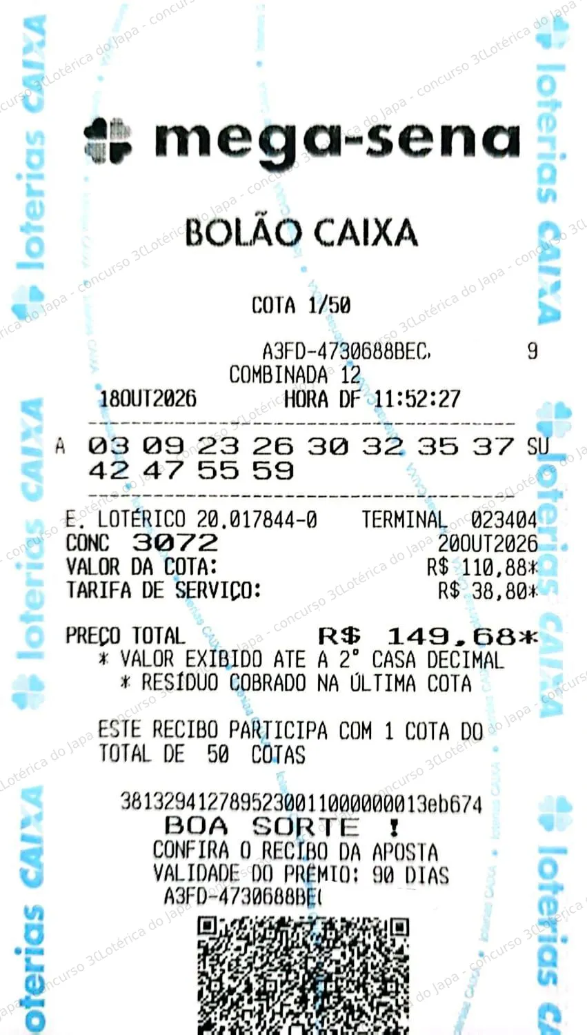 Comprovante da aposta registrado na Lotérica do Japa, com os dados de controle cobertos