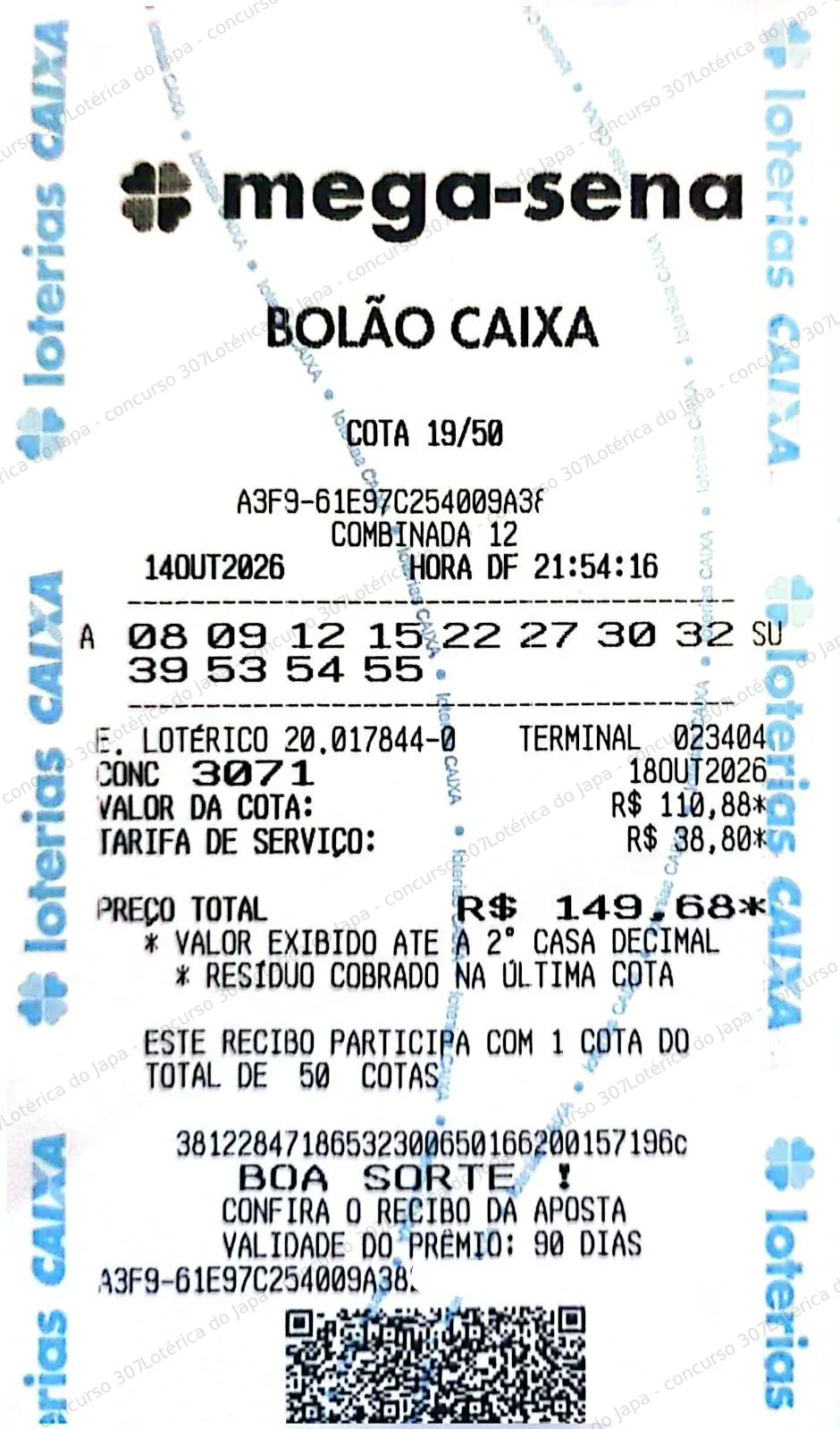 Comprovante da aposta registrado na Lotérica do Japa, com os dados de controle cobertos