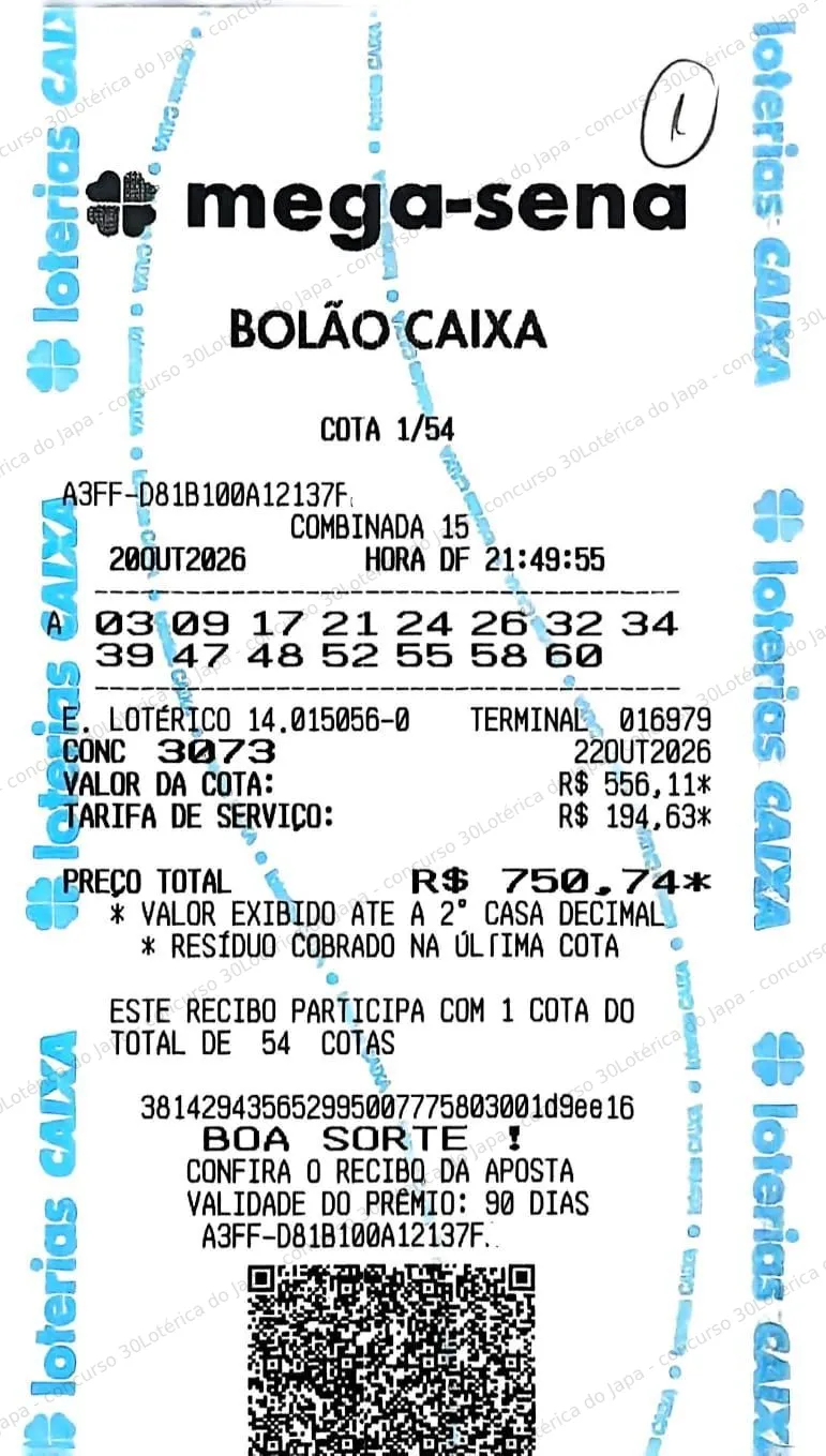 Comprovante da aposta registrado na Lotérica do Japa, com os dados de controle cobertos