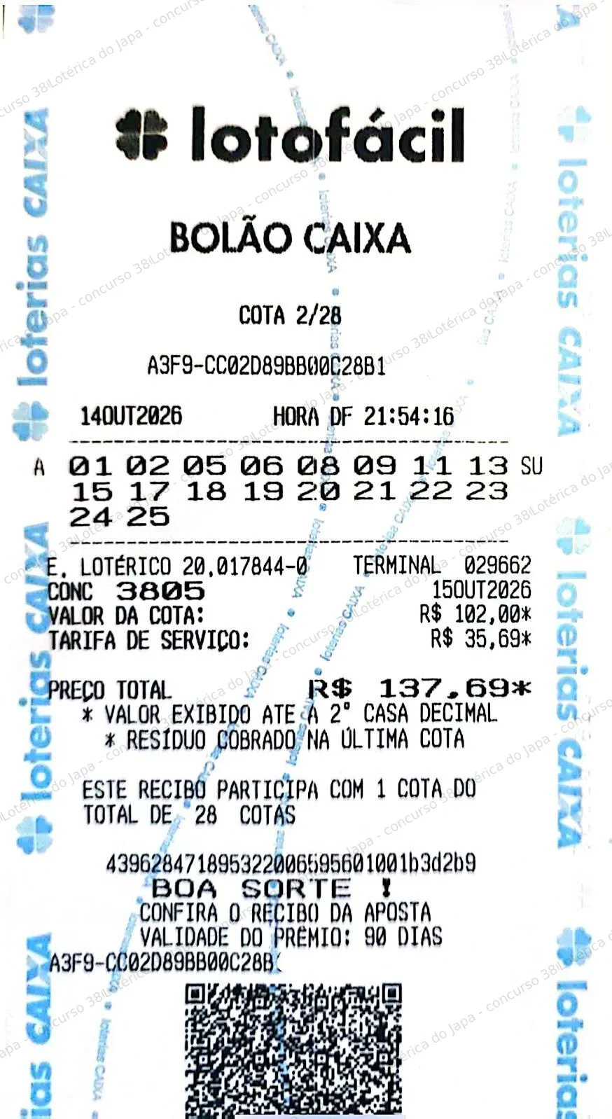 Comprovante da aposta registrado na Lotérica do Japa, com os dados de controle cobertos